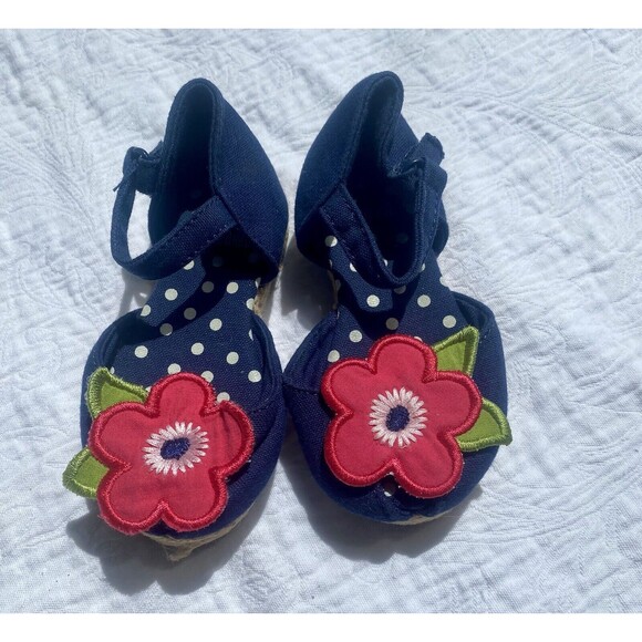 Gymboree Baby Girl Sz 5T Peep Toe Sandals Red Blooming Flower Blue Nautical - Picture 8 of 9